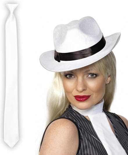 Smiffys - Verkleedkleding set witte gangster hoed en stropdas wit