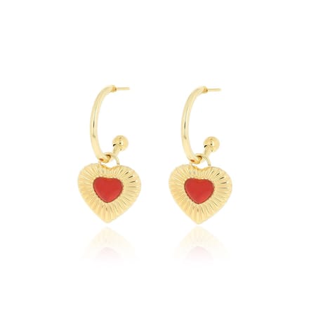 Gold coloured earrings with red heart charm
