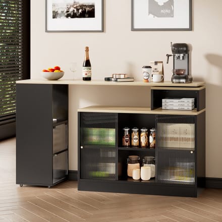 MODFU - Uitschuifbare Bartafel Met Opbergruimte - Draaibaar En Verplaatsbaar - Modern - MDF En Glas - Zwart