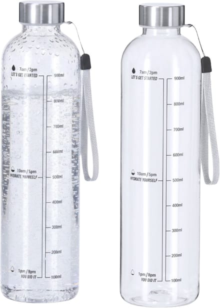 Makito Waterfles/drinkfles - 2x - motivatiefles - transparant - met RVS dop - 1000 ml - D7 cm - Met capaciteitsindicator