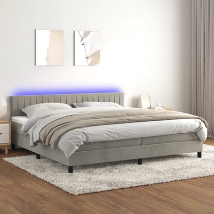 vidaXL - Boxspring - met - matras - en - LED - fluweel - lichtgrijs - 200x200 - cm