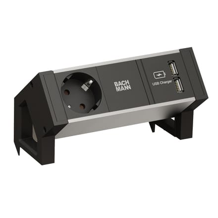 BACHMANN DESK2 ALU ZWART 1x geaard stopcontact 1x USB oplader GST18