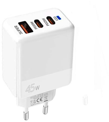 45W Snellader met PD3.0 / PPS - USB-C (Type-C) + QC 3.0 USB - Oplader Adapter - Geschikt voor telefoons, tablets etc. - wit