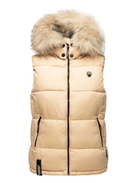 Marikoo dames gewatteerd vest – Eisflöckchen met capuchon & imitatiebontkraag