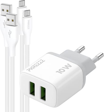 Phreeze usb oplader 12 W - Dubbele usb poorten - Power adapter 2.4 A met 2 usb A naar micro usb kabels 1 m - Voor speaker en headset