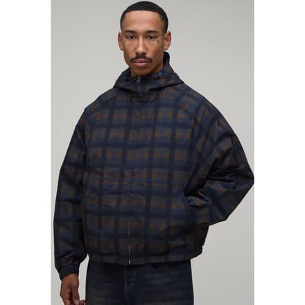 Oversized Boxy Fit Omkeerbare Geruit Twill Cagoule Met Capuchon | Navy | Size Small