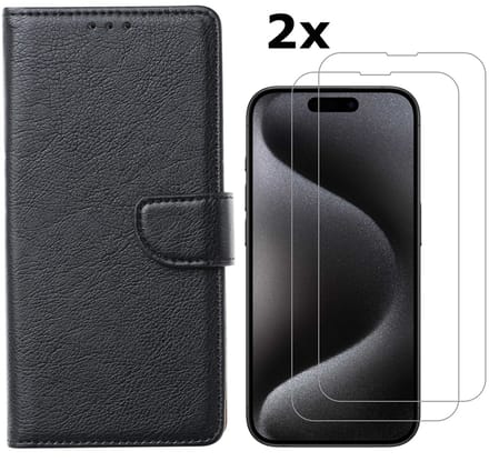 Hoesje Geschikt voor iPhone 15 Pro Max hoesje bookcase met 2x screenprotector – Zwart