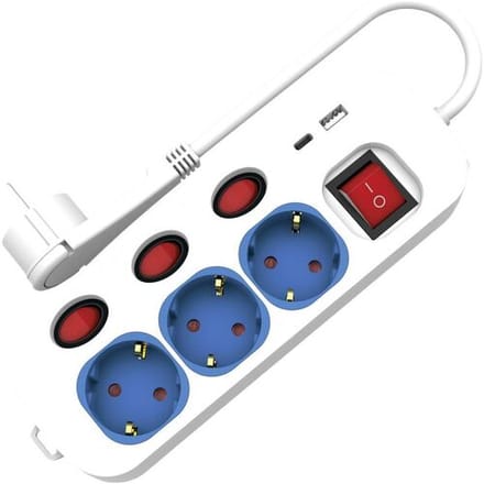 ROLINE 3-voudige stekkerdoos met schakelaar, USB oplader A+C, 1,5 m