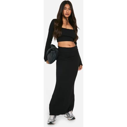 boohoo Dames Geribbelde maxi-rok met versleten zoom | Black | Maat: 10