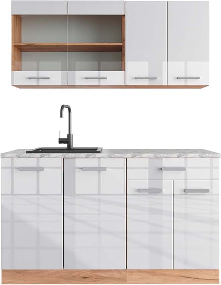 Vicco R-Line Eenpersoonskeuken – 140 cm, WB Marmer Wit hoogglans/goud power eiken