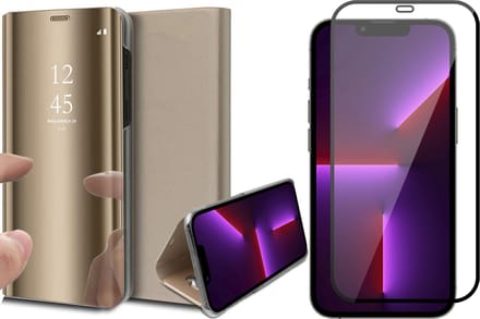 Hoesje geschikt voor iPhone 13 Pro Max en Full Screenprotector - Spiegel Book Case - Goud