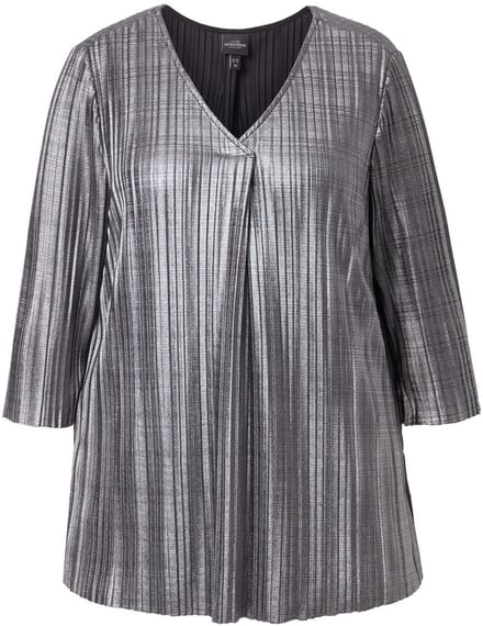 Ulla Popken - Dames - Plissé-blouse A-lijn V-hals 3/4-mouwen - Zilver - Maat 42+