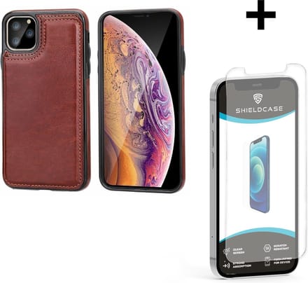 ShieldCase Wallet case geschikt voor Apple iPhone 12 / 12 Pro - 6.1 inch - ruimte voor pasjes - pasjeshouder - portemonnee - bruin + glazen Screen Protector