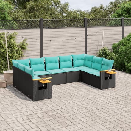 vidaXL - 9-delige - Loungeset - met - kussens - poly - rattan - zwart