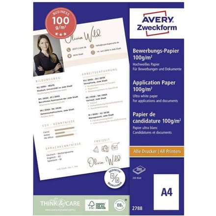 Avery-Zweckform Papier 2788 Sollicitatiepapier DIN A4 100 g/m² 200 vellen Wit