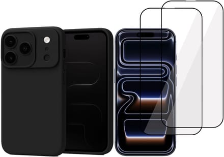 Technow hoesje + 2x Screenprotector geschikt voor iPhone 17 Pro Max – Full Screen Tempered Glass - Liquid Back Case - Cover - Zwart