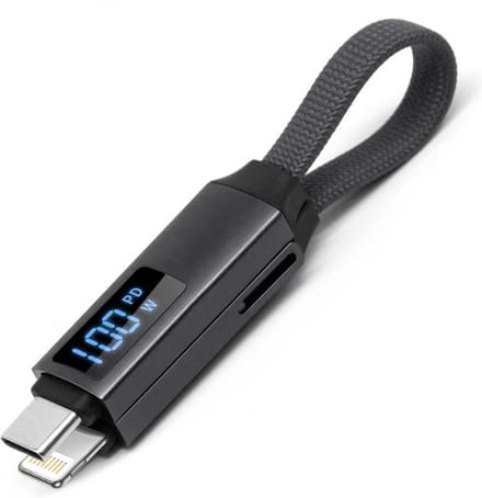 De Beste Gadgets data en Oplaadkabel 2 in 1 - Geschikt voor USB-C en Apple Lightning - Met display en sleutelring - Compact 16 cm - Grijs