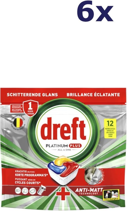 6x Dreft Platinum plus Allin1 - 12tabs186g anti-matt original lemon Vaatwastabletten