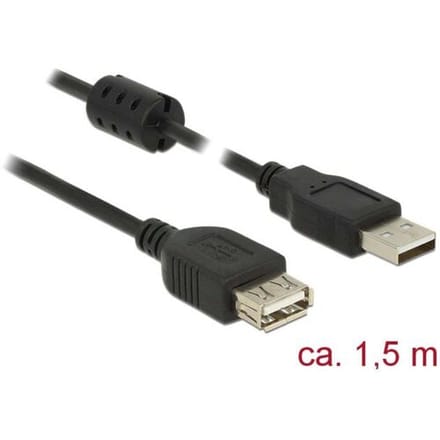 Delock USB-kabel USB 2.0 USB-A stekker, USB-A bus 1.50 m Zwart Met Ferrietkern 84884