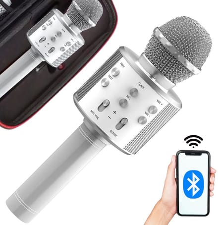 Draadloze Karaoke Microfoon met Bluetooth en Echo Effect - Speaker - USB - met Opbergcase - Zilver