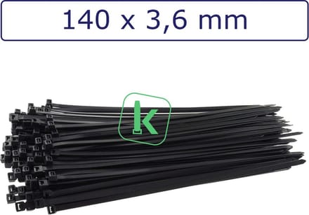 PRO-TIE® - Tyraps, kabelbinders 140 x 3,6 mm Zwart UV bestendig (Bulk grootverpakking zak 1.000 stuks) (tiewrap/tyrap/tie-wrap/bundelbandje/colsonbandje/)