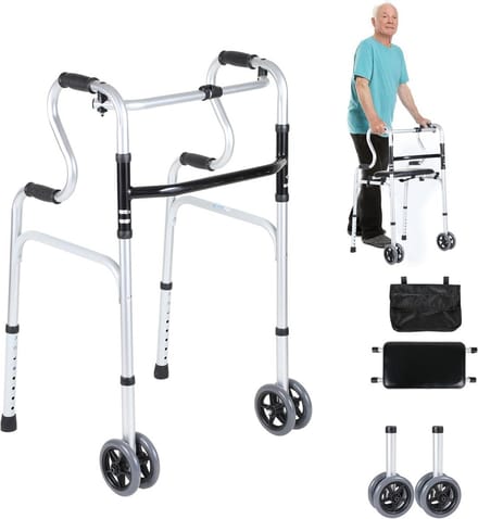 Inklapbare Looprek met Wielen en Zithulp - In Hoogte Verstelbaar Aluminium Rollator