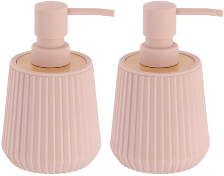 Tendance zeeppomp striped - 2x - roze - 250 ml - D8 x H15 cm - rubber/bamboe - zeep dispenser