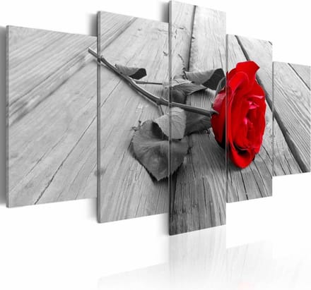 Schilderij - Roos op hout , rood , hout look , 5 luik