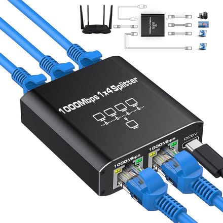 LAN Splitter 1 naar 4 - Gigabit Ethernet Splitter met RJ45, 1000 Mbps, Ethernet Switch voor Computer en Router