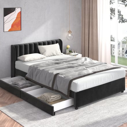 SINGULARITY-Gestoffeerd bed 160 x 200 cm fluweel met lattenbodem- rugleuning- 2 laden- zwart- zonder matras