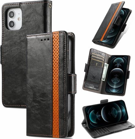 Stijlvol Tweekleurig PU-leer Wallet Flip Case + PMMA Screenprotector voor iPhone 12 Mini _ Zwart