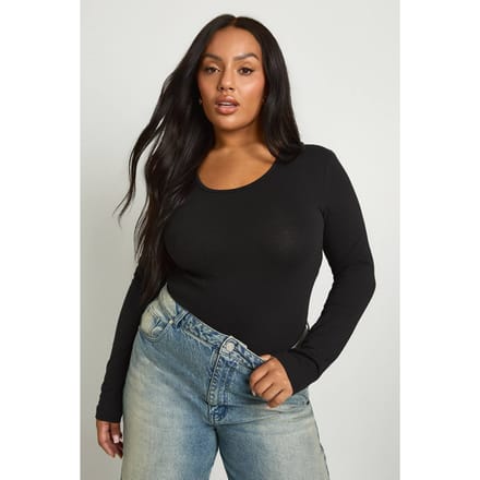 boohoo Dames Plus langmouw scoop neck bodysuit | Black | Maat: 28