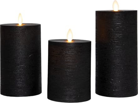 Anna's Collection LED kaars oplaadbaar flame effect rustiek set 7.5 cm zwart 3 stuks