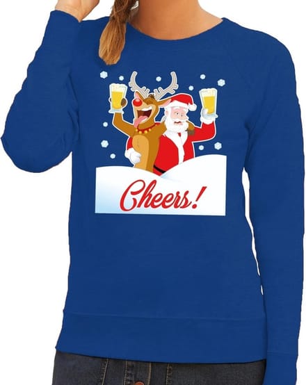Foute kersttrui cheers met dronken kerstman blauw voor dames S