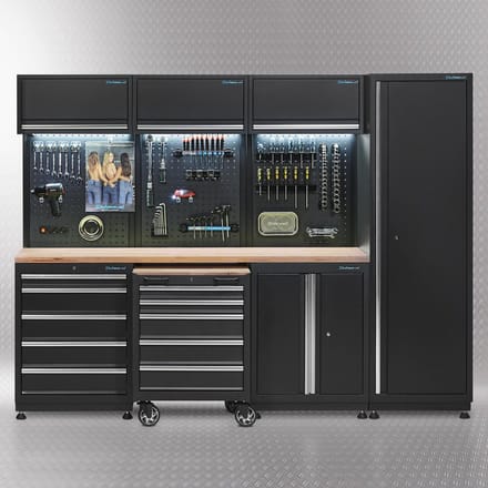 Datona® Werkplaatsinrichting PREMIUM met eiken werkblad 265 cm breed - Zwart