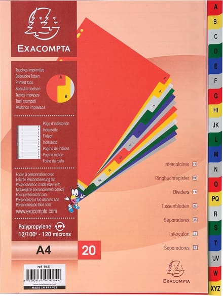 Exacompta 20x Tabbladen met bedrukte tabs in gekleurde PP - 20 tabs - A tot Z- A4 - Geassorteerd - 94E