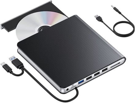 DrPhone DW13 - Externe 1080P CD/DVD Drive 6-in-1 USB 3.0 & USB-C met SD/Micro Kaartlezer – Windows / Mac / Linux - Zwart