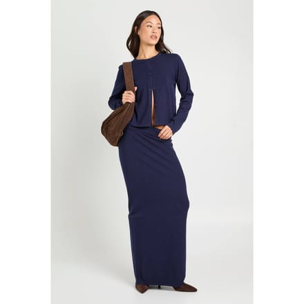 boohoo Dames Hoge Ribgebreide Maxi Rok | Navy | Maat: 12