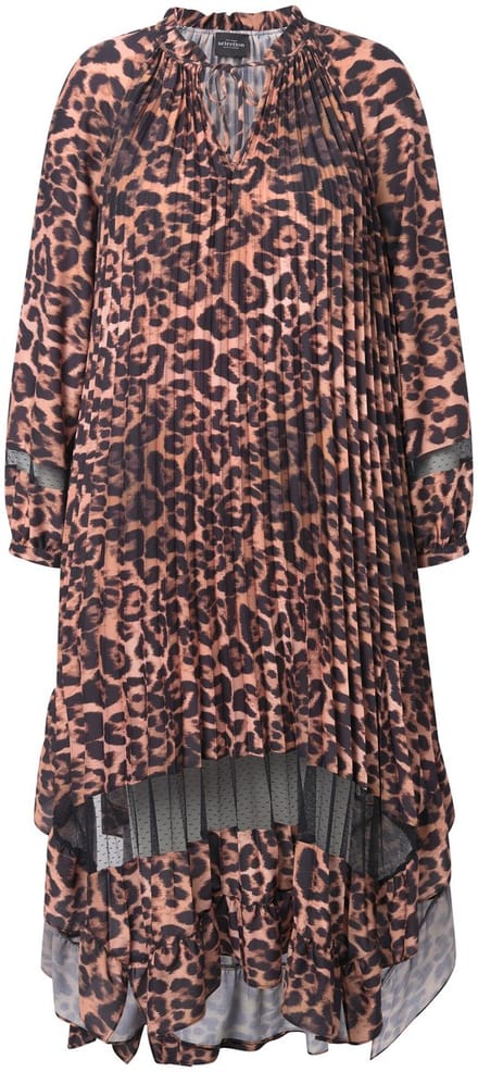 Ulla Popken - Dames - Geplooide jurk leodesign tuniekhals lange mouw - Dennenbruin - Maat 42+