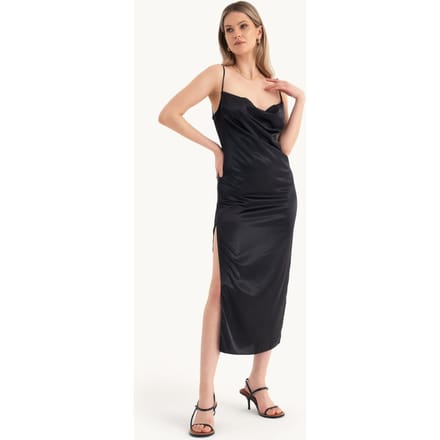 Satin Cowl Neck Spaghettiband Split Maxi Jurk