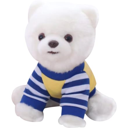 Schattige simulatie pluchen speelgoedhond met blauw kostuum Pomeriaanse puppy hondenspeelgoed wit