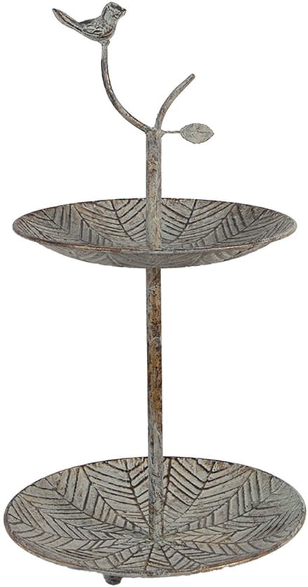 Clayre & Eef Etagère 2 laags Ø 26x48 cm Groen Bruin Metaal Vogel