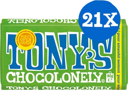 Tony's Chocolonely - Puur Amandel Zeezout Chocolade 90 gram - 21 stuks