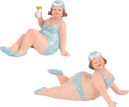Woonkamer decoratie beeldjes set 2 dikke dames - blauw badpak - 17 cm