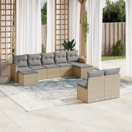 vidaXL - 9-delige - Loungeset - met - kussens - poly - rattan - gemengd - beige
