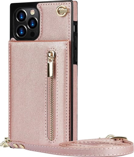 Hoesje geschikt voor iPhone 12 Pro Max - Backcover - Pasjeshouder - Portemonnee - Koord - Kunstleer - Rose Goud