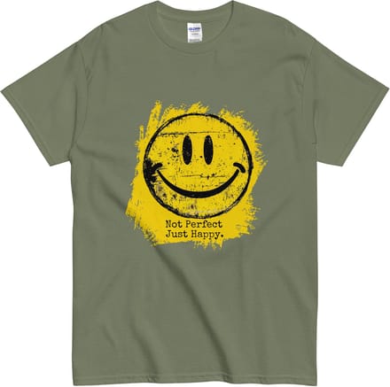 Grappig Stoer Tshirt met Tekst & Smiley - Positieve Grunge Stijl - Vrouwen Mannen - Khaki Groen - L