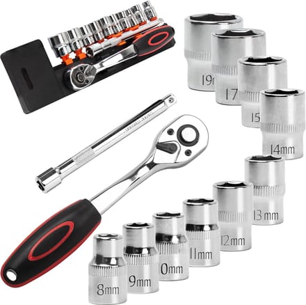 12-Piece Socket Wrench Set With 3/8" Ratchets 8mm - 19mm Hex Bit Sockets And Extension 150 mm Reversible Ratchet Made Of Cr-V Including Push-Button Release