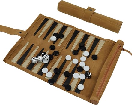 Backgammon Leer - Reisspel Leer - Reizen en Spelen - Handgenaaid - 34 x 26 cm - Bruin