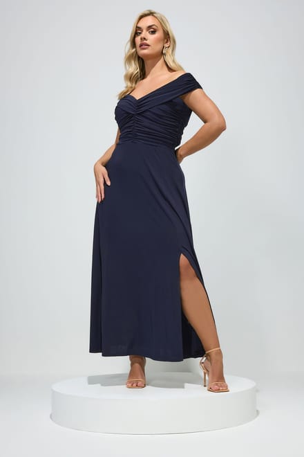 Yours London Marineblauwe Bardotmaxijurk Met Plooien Size 50